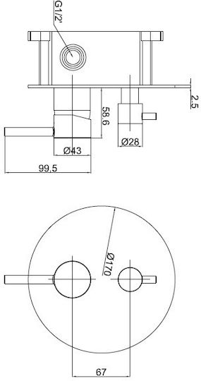 Interflex Fine Μίκτης Μπαταρίας Εντοιχισμού για Ντουζιέρα 2 Εξόδων