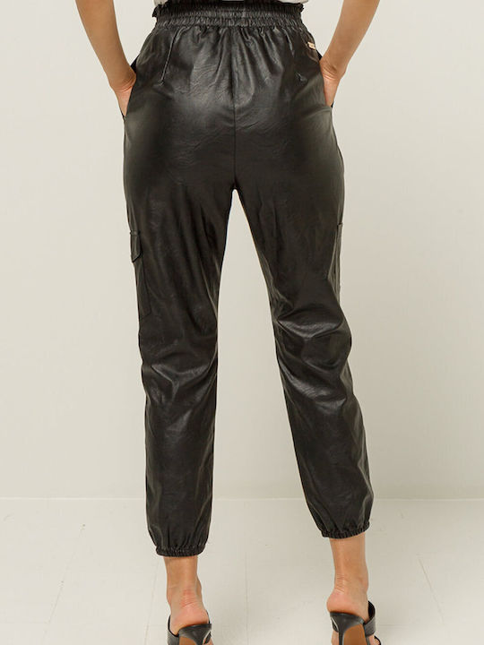 Lynne Women's High-waisted Leather Cargo Trousers with Elastic in Regular Fit Black