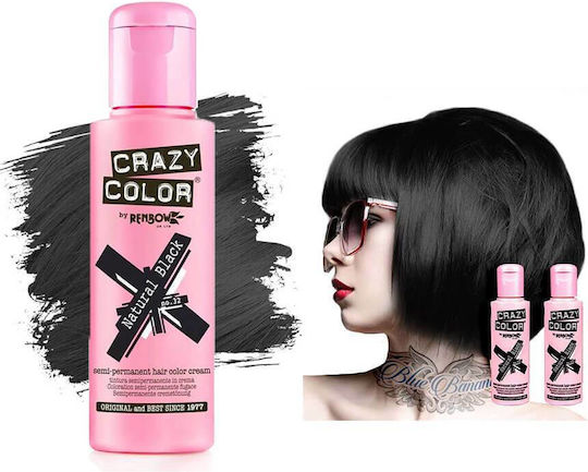 Crazy Color Semi-Permanent Προσωρινή Βαφή Μαλλιών 32 Natural Black 100ml