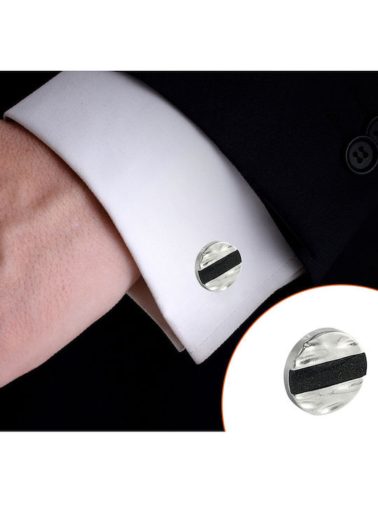 Round starry sand cufflinks, in silver and black color, made of brass alloy.