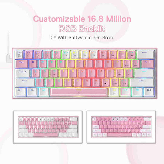Redragon K617 FIZZ Gaming Mechanical Keyboard 60% with Custom Red switches and RGB lighting (English US) Pink/White