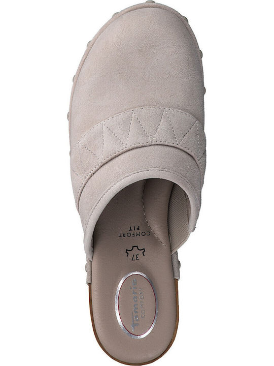 Leather Mules with Chunky Low Heel in Beige Color