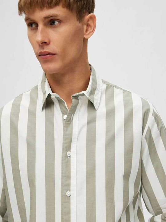 Long Sleeve Cotton Shirt in Regular Fit Striped Green