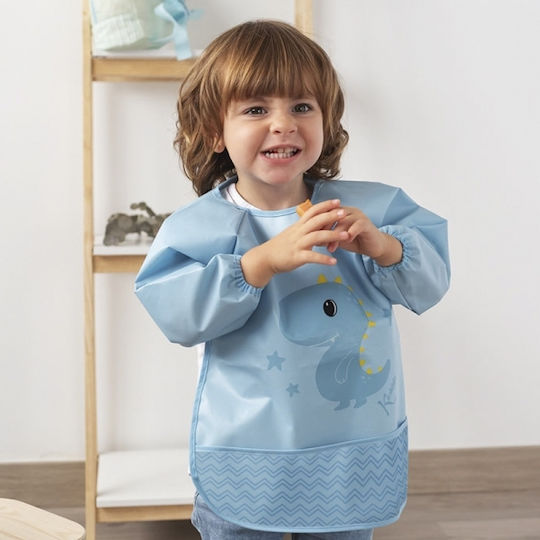 Kiokids Little Dinosaur Αδιάβροχη Ποδιά Πλαστική με Αυτοκόλλητο με Τσέπη & Μανίκια Γαλάζια για 4 m+