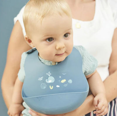 Nattou Whale Wasserdicht Lätzchen Silikon mit Taste & Tasche Blau für 0 m+