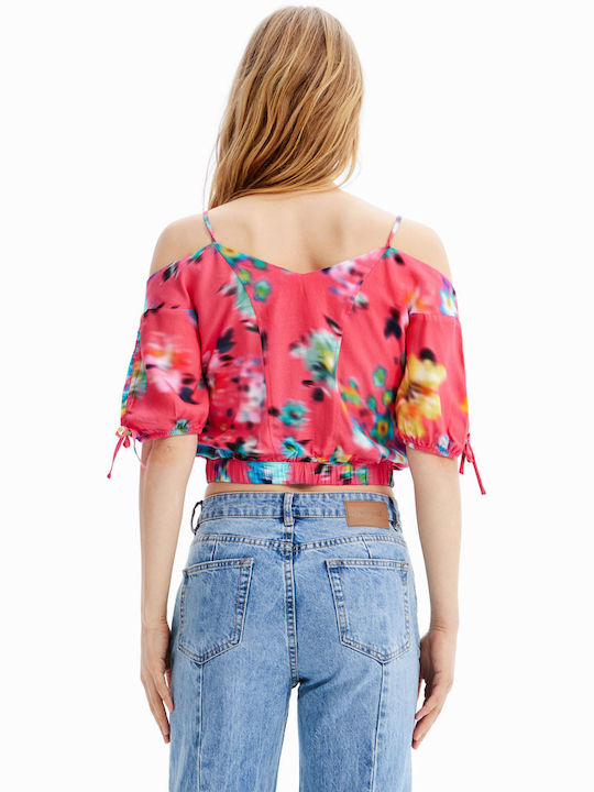 Desigual Blus Betty Women's Summer Crop Top Off-Shoulder with 3/4 Sleeve Floral Pink