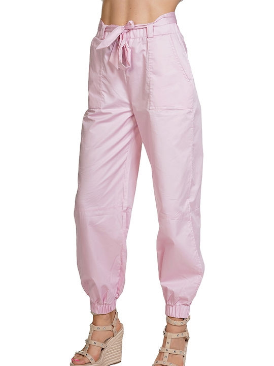 Women's Fabric Trousers with Elastic Balloon Line Pink