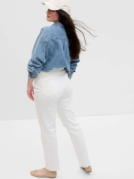 GAP High Cheeky Washwell Λευκό High Waist Women's Jeans with Rips in Straight Line White