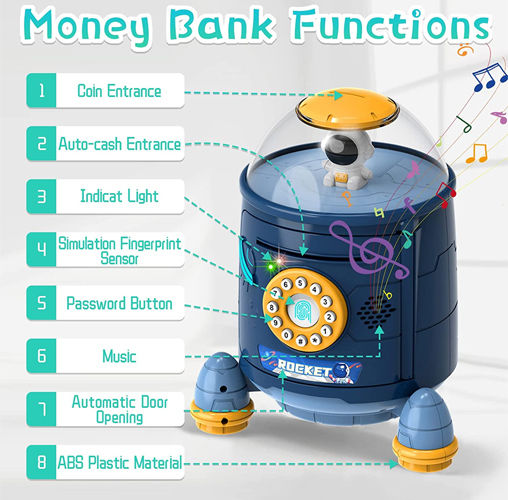 Rocket Piggy Bank Children's Money Box Plastic Blue 16x16x22cm