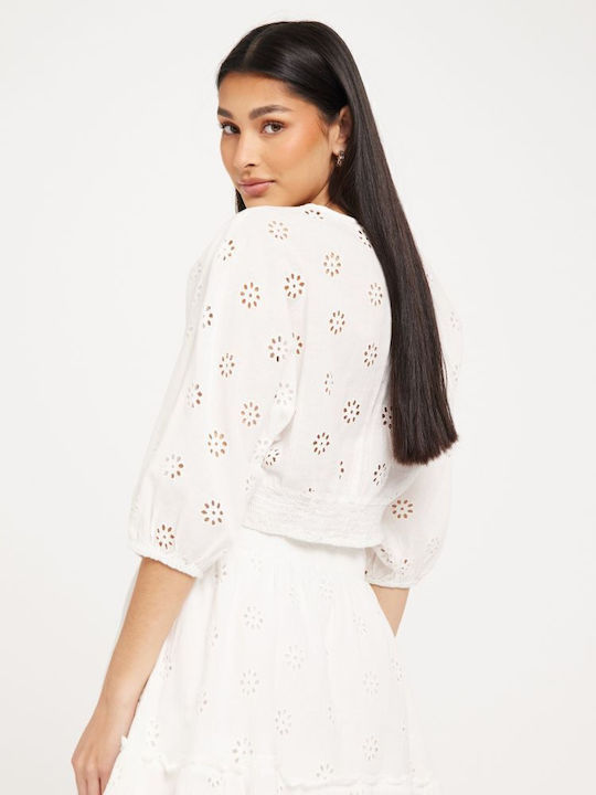 Women's Summer Crop Top Cotton with 3/4 Sleeve & V Neckline Snow White