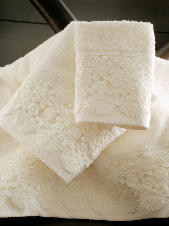 Rythmos Olivine Bridal Towel Set 3pcs with Lace Ecru