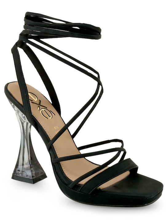 Exe Platform Women's Sandals with Laces Black with Chunky High Heel
