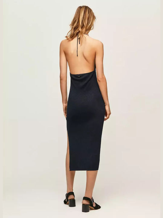 Pepe Jeans Fabiana Midi Evening Dress Open Back with Slit Navy Blue