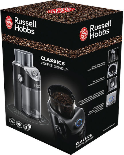 Russell Hobbs Classics Elektrischer Kaffeemühle 140W mit einer Kapazität von 100gr und 12 Mahlstufen Schwarz