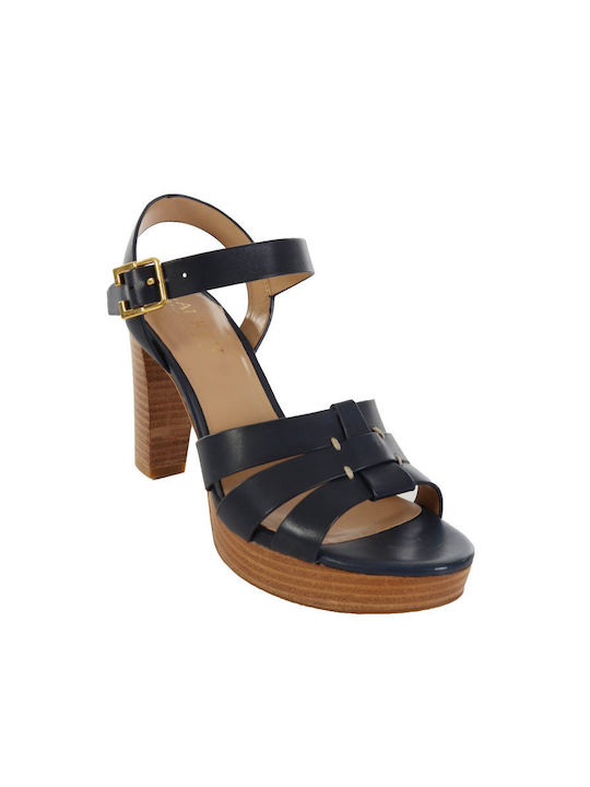 Ralph Lauren Platform Leather Women's Sandals Navy Blue with Chunky High Heel