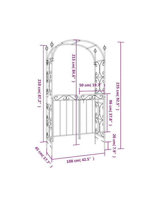 Metal Garden Arch in Black Colour 108x45x235cm
