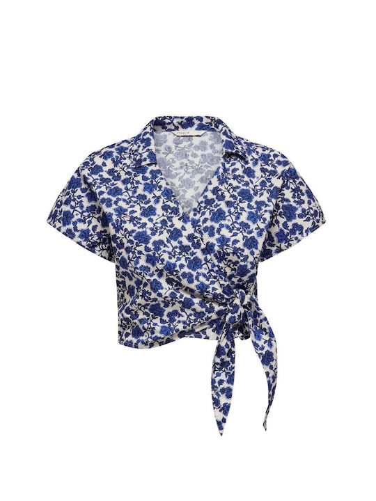 Only Damen Sommer Crop Top Baumwolle Kurzarm mit V-Ausschnitt Blumen Blau