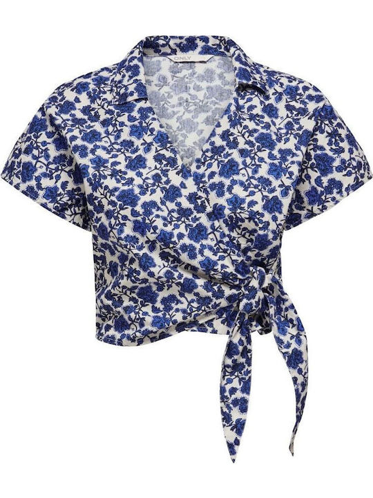 Women's Summer Crop Top Cotton Short Sleeve with V Neckline Floral Blue