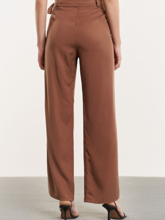 Edward Jeans Majesta-br WP-N-PNT-S23-004 Women's High-waisted Fabric Trousers in Wide Line Brown