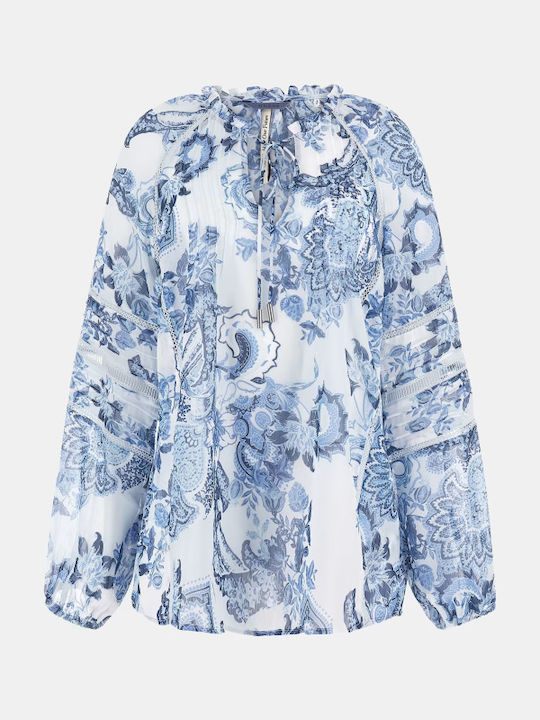 W3GH60WDW52 Tunic with 3/4 Sleeve with V Neckline Floral Blue