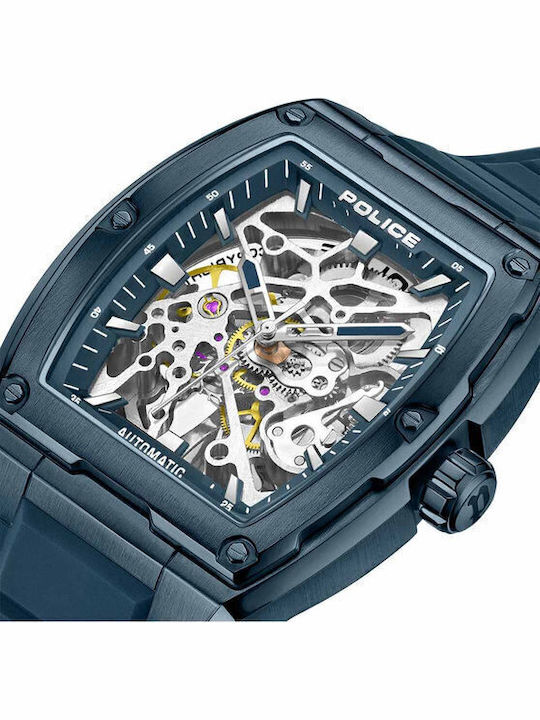 Police Skeletor Herrenuhr 50mm Automatisch mit Blau Kautschukarmband