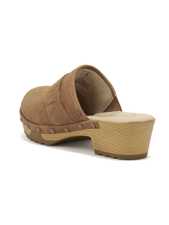 Leather Mules with Chunky Low Heel Cognac