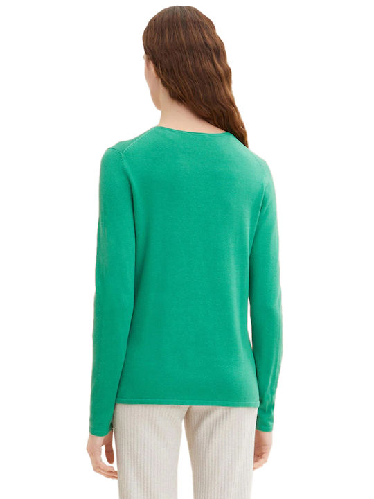 Tom Tailor Women's Long Sleeve Sweater Cotton with V Neckline Vivid Leaf Green