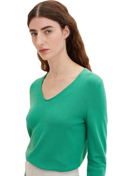 Basic Women's Long Sleeve Sweater Cotton with V Neckline Vivid Leaf Green