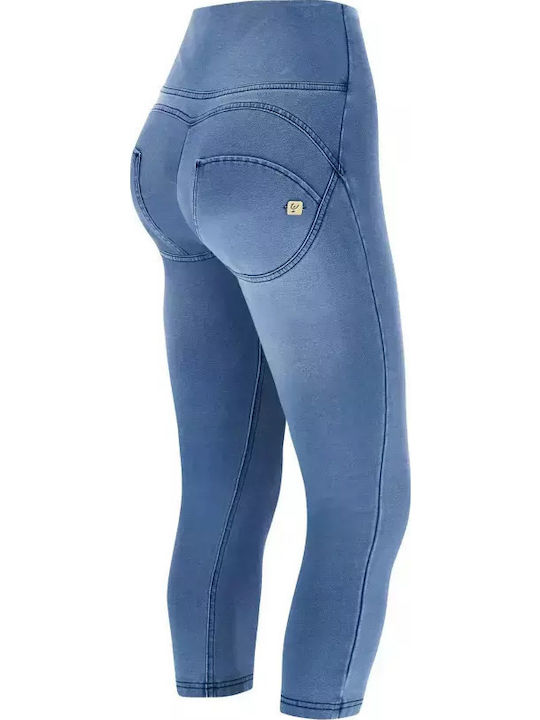 Women's High-waisted Fabric Capri Trousers Push-up Jeggings Blue