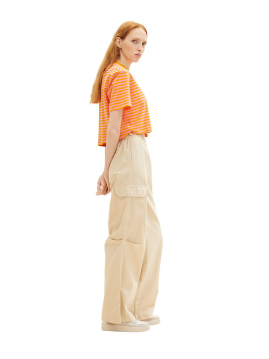 Damen Stoff Cargo Hose mit Gummizug in Geradem Schnitt Beige