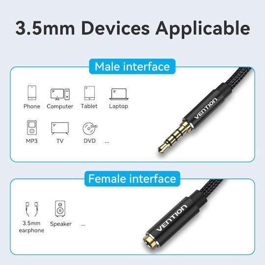 Vention 3.5mm Jack Cable TRRS 3.5mm Male - 3.5mm Female Black 1.5m With Gold Plated Terminals BHCBG
