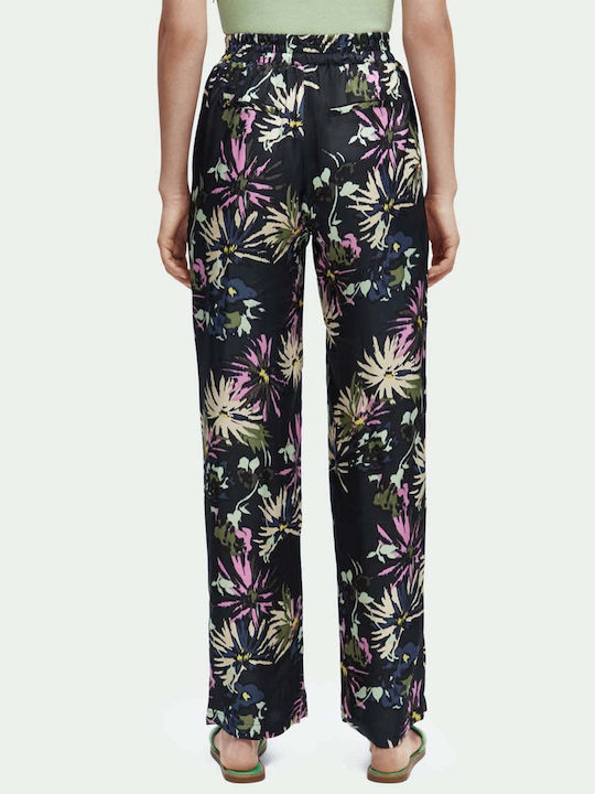 Scotch & Soda Women's Fabric Trousers with Elastic in Wide Line Floral Black