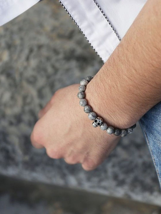 Semi precious stone jasper bracelet with stainless steel skull and crossbones TU27647