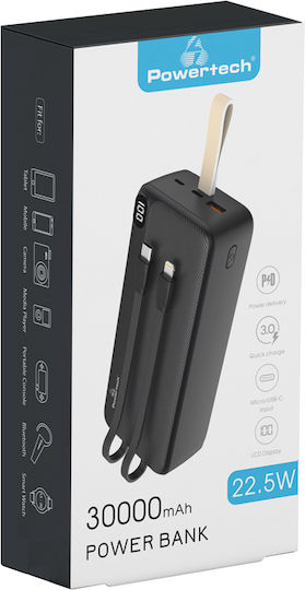 Powertech PT-1065 Power Bank 30000mAh 22.5W with USB-A Port and USB-C Port Power Delivery / Quick Charge 2.0 Black