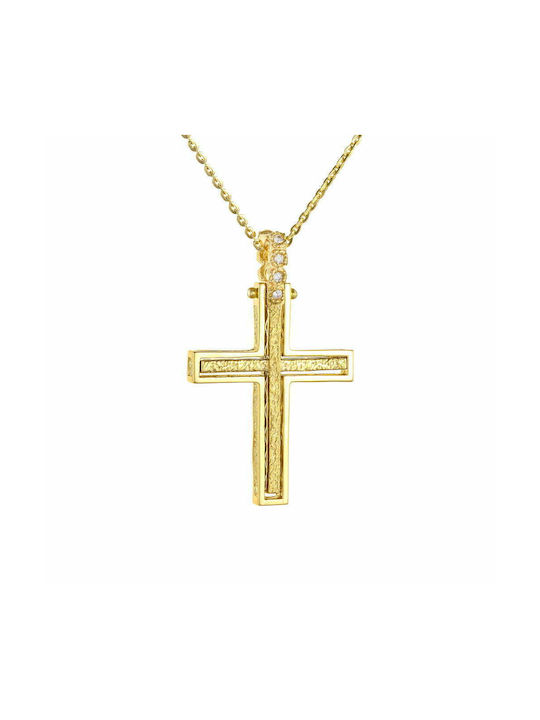 Women's Cross with Chain 40cm Gold 14K Double Faced Gold Matte with White Zircon Stones Details AFS-21441Y