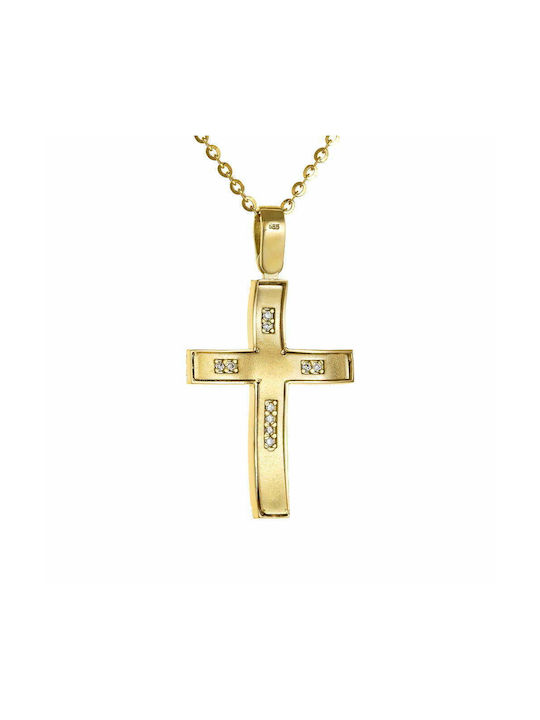 Women's Double-Sided Cross Pendant with 40cm Chain 14K Gold with White Zircon Details on Both Sides MFS-21223Y