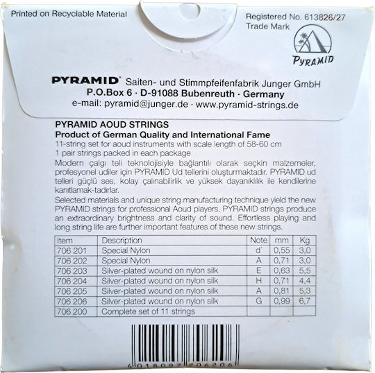Pyramid Tel Aoud 11-Corzi Set Corzi Nylon Pentru Oud Turcesc Acordaj
