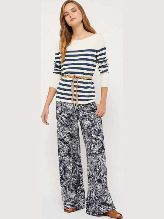 21311523 Women's High-waisted Linen Trousers with Elastic Floral Navy Blue