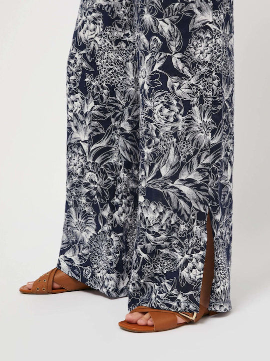 21311523 Women's High-waisted Linen Trousers with Elastic Floral Navy Blue