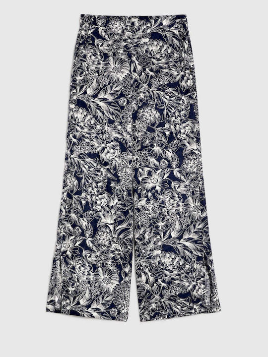 21311523 Women's High-waisted Linen Trousers with Elastic Floral Navy Blue