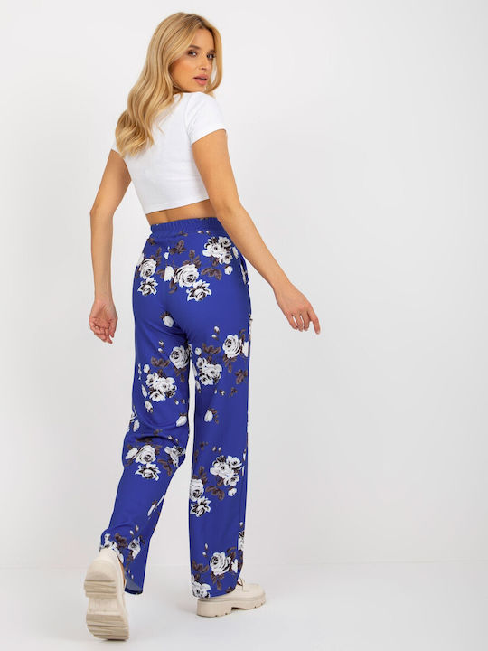 Lakerta Women's High-waisted Cotton Trousers Floral Blue