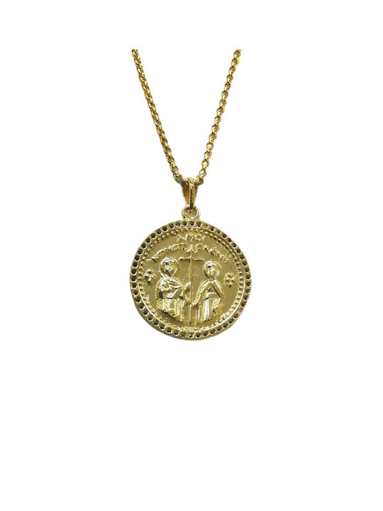 Double sided gold plated sterling silver necklace with the cross and the saints Constantine and Helen with gold plated silver chain