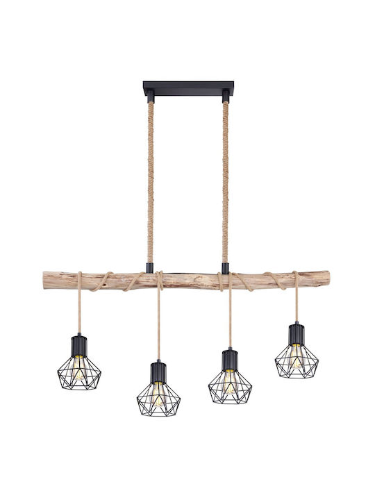 Globo Lighting Priska Pendant Light Black with Rope for 4 Bulbs E27 100x13.3x120cm