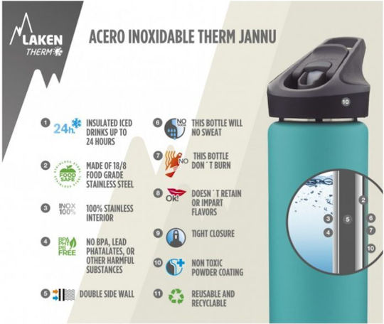 Laken Summit cap Recyclable Bottle Thermos Stainless Steel BPA Free 500ml Blue with Mouthpiece