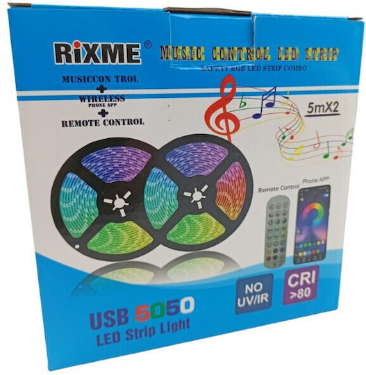 Αδιάβροχη Smart Ταινία LED USB 5V RGB Φως 2x5m Τύπου SMD5050 με Τροφοδοτικό & Τηλεχειριστήριο