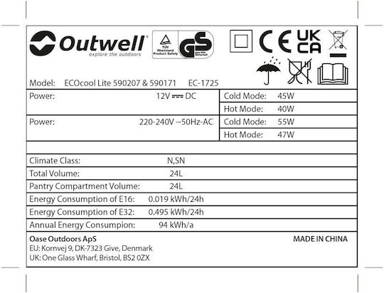 Outwell Eco Prime Petrol Blau Tragbares Kühlschrank Thermoelektrisch 24lt 12V / 220V