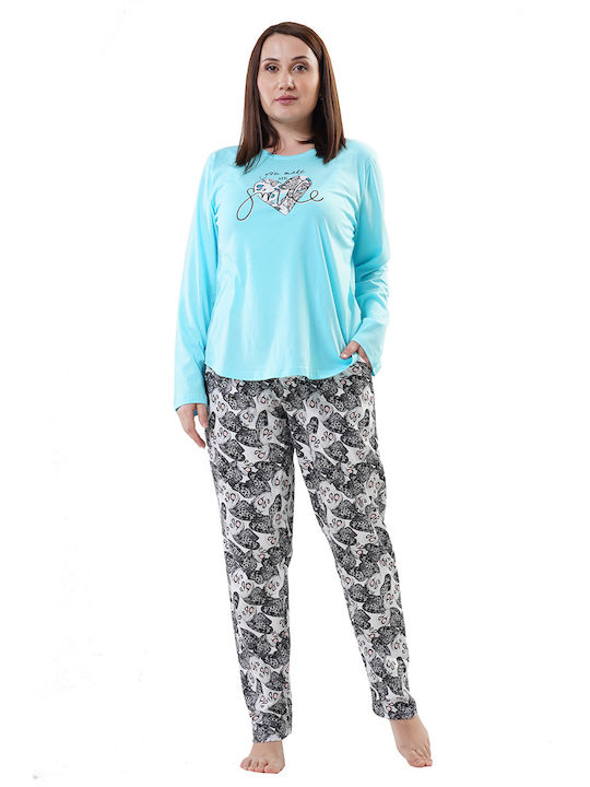 Vienetta Women's Winter Cotton Pyjamas "You Make Me Smile" Plus Size (1XL-4XL)-203164b Turquoise