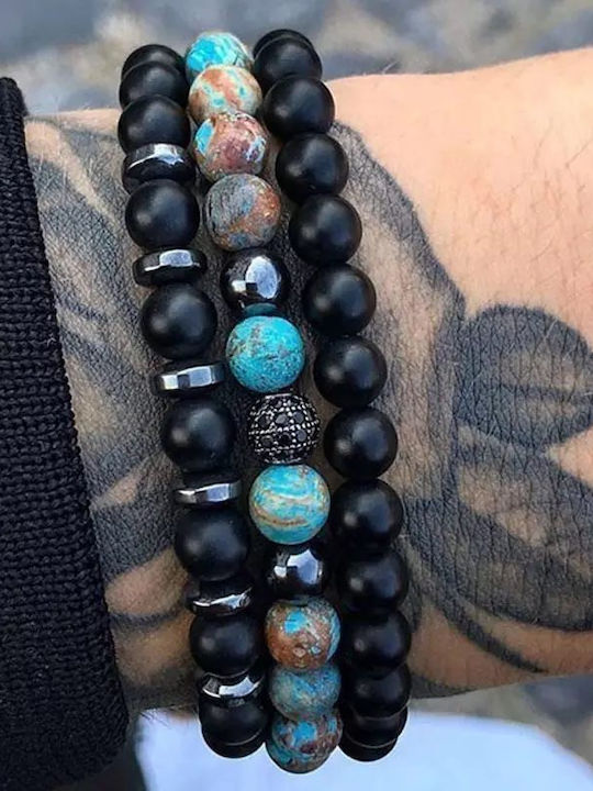 Black - Turquoise Triple Elastic Bracelet with Natural Stones