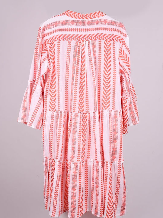 Φόρεμα - καφτάνι βαμβακερό κοντό με σχέδια Κόκκινο