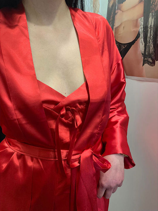 Σετ Ρόμπα με Νυχτικό Σατέν Fontana Di Vita σε Κόκκινο Χρώμα